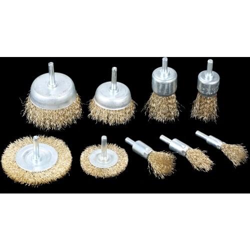 9pcs Brass Coated Wire Brush Wheel and Cup Brush Set with 1/4-Inch Shank 9 Sizes Coated Wire Drill Brush Set Perfect For Removal