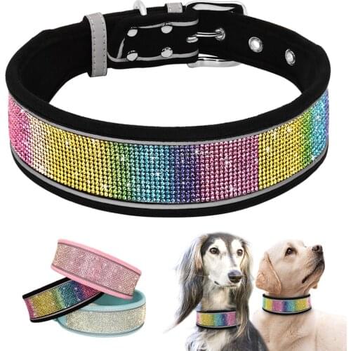 Wide Reflective Dog Collar Bling Rhinestone Pet Necklace Soft Dogs Collars Necklaces For Small Medium Large Dogs Pitbull
