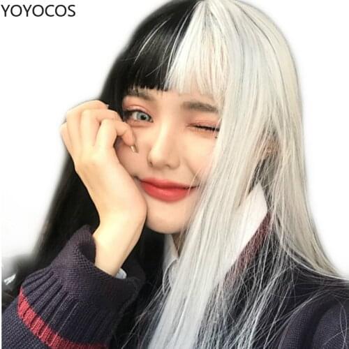 YOYOCOS Womens Black and White Wig Long Straight Hair Cosplay Fashion Cute Soft Wigs for Women Human Bangs Hair Daily Party