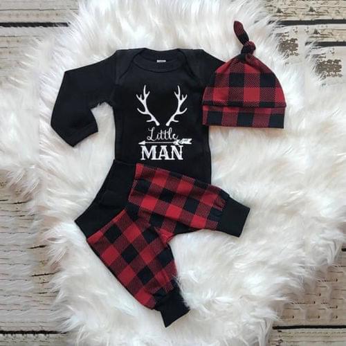 US Christmas Baby Boy Cotton Romper Bodysuit+Check Pants Clothes Kids Outfit Set