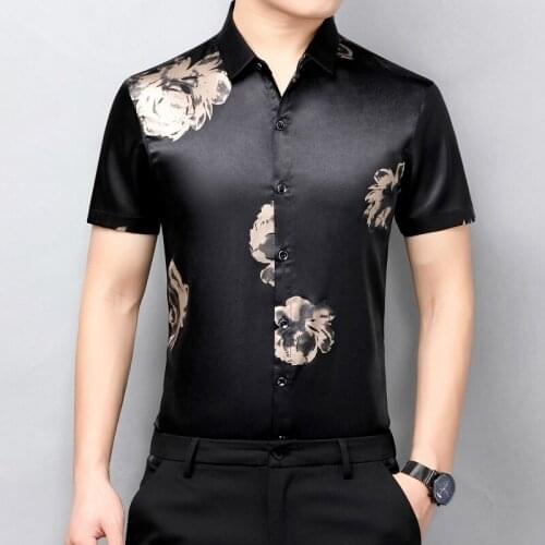 Flowers Printed Beige Summer Elegant Mens Clothing Off White Office Oversized Satin Shirts Black Smooth Blouses Large Work Shirt