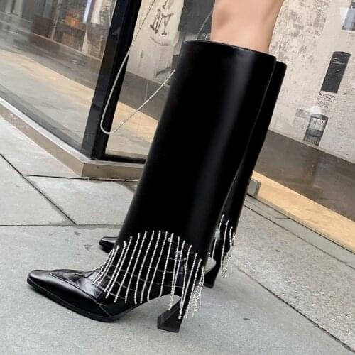 Fashion Star Knee-Length Boots New Black Folding Boots Ladies Sexy High Heels Luxury Rhinestones Shoes Strange Heel Long Boots