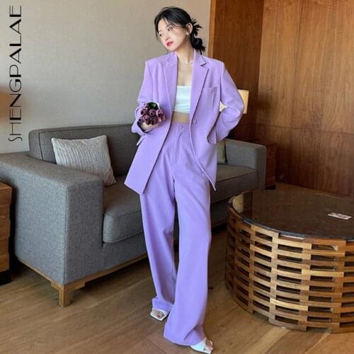 SHENGPALAE temperament purple single button blazer and high waist trousers two piece sets for women in spring 2021 female 5C900