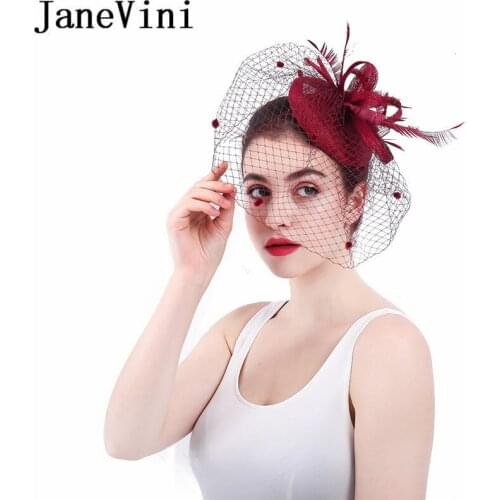 JaneVini Wine Red Vintage Wedding Hats and Fascinators for Women Elegant Church Burgundy Feather Net Bride Banquet Hat with Veil