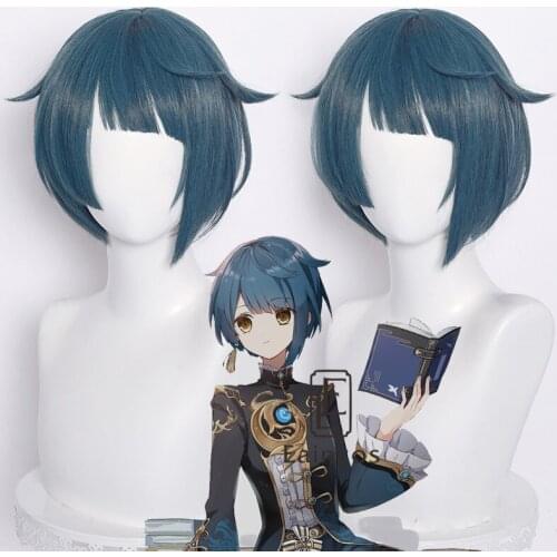 Xingqiu Cosplay Wig Genshin Impact 30cm Wig Short Grey Blue Hair Cosplay Halloween Anime Heat Resistant Synthetic Wigs