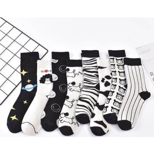 Japanese Korea Kawaii Harajuku Socks Women Cotton Black and White Cartoon Lovely Cute Socks Stripe Spot Designer Socks