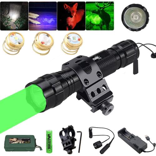 500 Yards 501B Green Hunting Flashlight Varmint Predator Pig Torch Portable Lantern+3*Led Beads+Switch+Rail Mount+18650+Charger