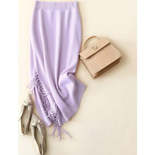 Side split designs womens autumn winter new 100% cashmre pink skirt with tassels