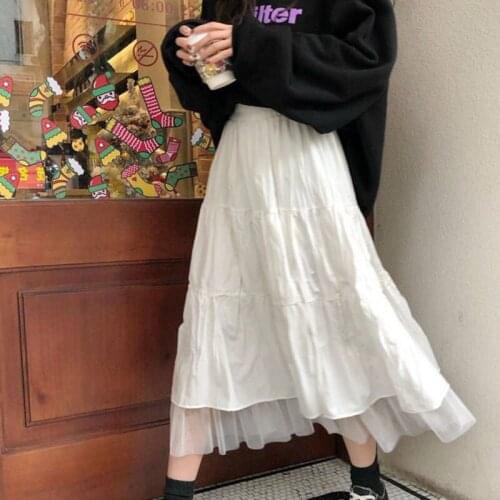 Preppy Style Chic 2021 Spring New Women Fashion Mesh Patchwork Pleated Skirts Casual White Loose A-line Skirt