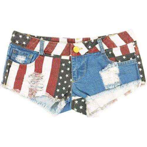 New 2020 Sexy Womens Low Waist Hole Daisy Duke Ripped Denim Shorts American Flag Printed Denim Thong Shorts