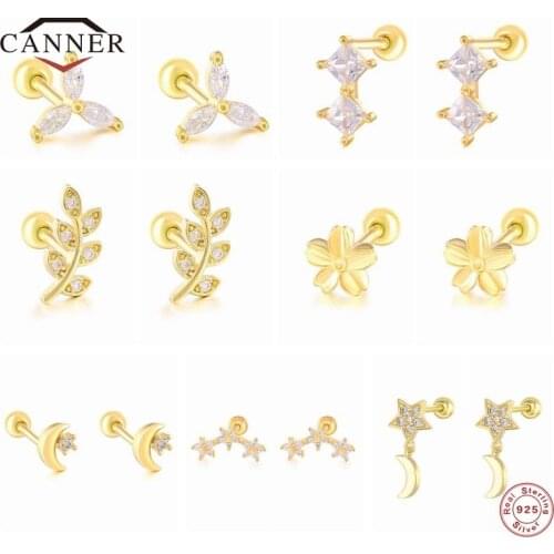 CANNER 2 Pieces 925 Sterling Silver Cartilage Ear Stud Earrings for Women Crystal Zircon Leaf/Flower/Moon Studs Piercing Jewelry