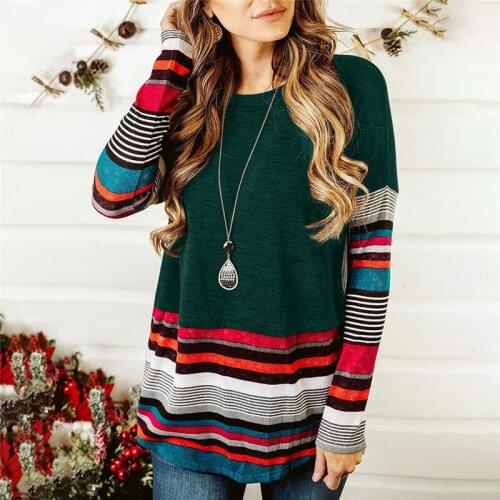 2020 Female T-Shirt Women Stripe Patchwork Casual Tops Shirt Tees Feminino Long Sleeve O-neck Autumn Clothes Chemise Femme