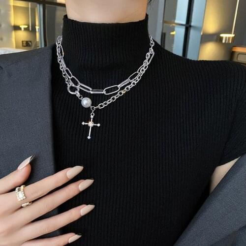 Fashion Multilevel Punk Silver Color Artificial Pearl Cross Pendant Thick Chain Necklace For Women Female Vintage Collar Jewelry