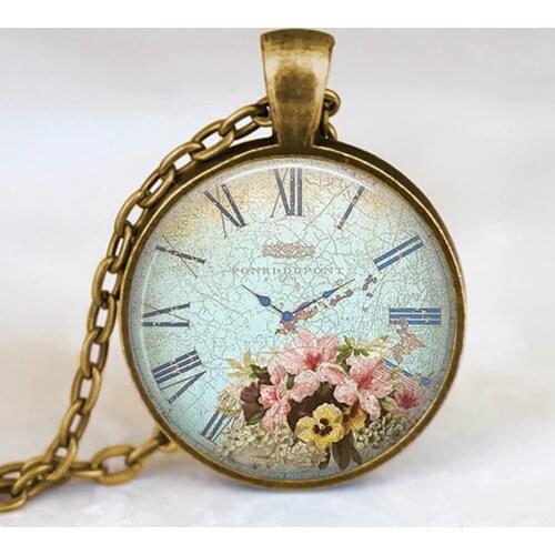 2019 New Fashion Flower Clock Pocket Watches Glass Cabochon Jewelry Vintage Bronze Long Chain Necklace for Women Girls Gift