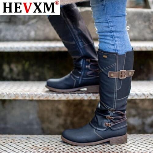 2020Women Knee High Boots Chaussure Low Heels Booties Plus Size Gladiator Pu Leather Knight Shoes Woman Zapatos Mujer Sapato