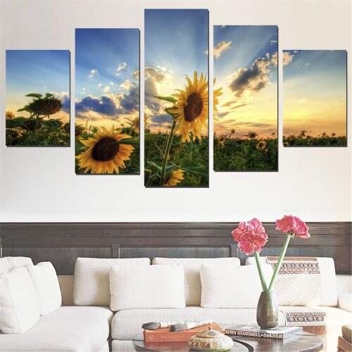 5 Pieces Canvas Flower Oil Painting Framel Sunflower Pictures Art Poster Wall Canvas Painting Sunset Home Decor for Living Room