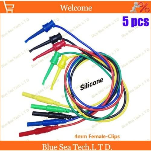 Free Shipping 5pcs multimeter pen extension test hook clip with 4mm banana socket 16 AWG ultra soft silicone moulded 5 color