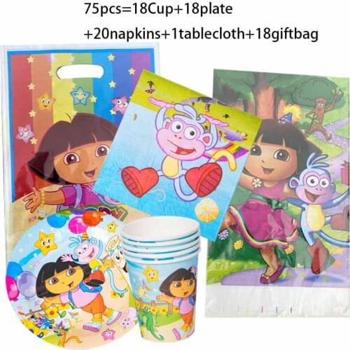 75pcs Dora the Explorer Birthday Party Supplies Party Decoration Disposable Party Tableware Napkin Plate tablecloth Tablecloth