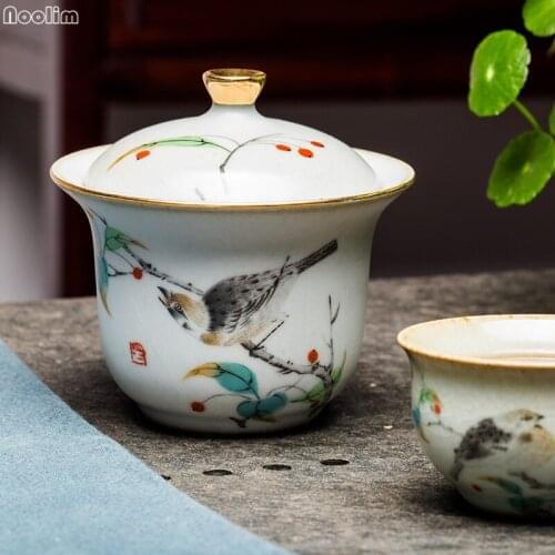 NOOLIM Jingdezhen Antique Kiln Tureen Hand Painted Bird Pattern Teacup Creative Tea Bowl With Lid Ceramic Enamel Kung Fu Gaiwan