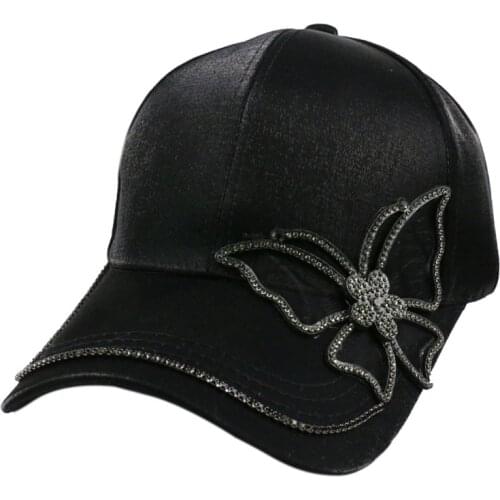 Winfox Fashion Black Rhinestone Butterfly Baseball Cap Girls Women Snapback Hip Hop Sun Hat