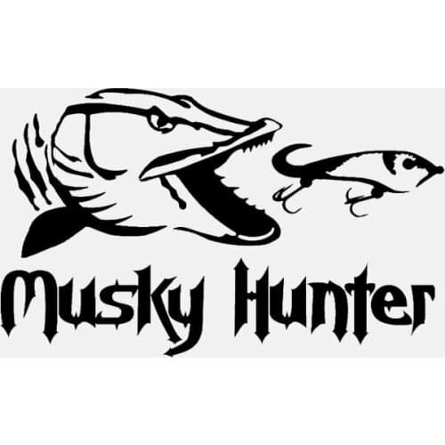 Dawasaru Cartoon Fishing Musky Hunter Car Sticker Sunscreen Decal Laptop Suitcase Truck Motorcycle Auto Accessories PVC,16cm*9cm