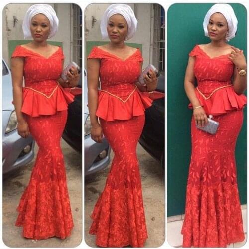 Elegant Nigeria Africa Long Prom Gowns Plus Size Mermaid Evening Wear Aso Ebi Abendkleider Lace Peplum 2018 Formal Party Dress