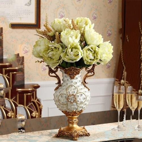European Diamond Luxury Resin Vase Decoration Retro Ancient Palace Crafts Livingroom Furniture Ornaments Flower Arrangement Art