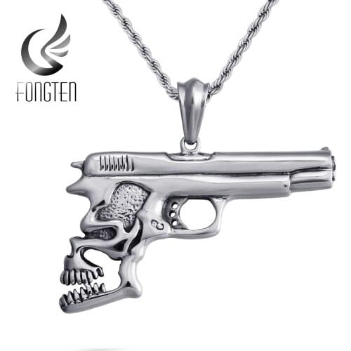 Fongten Punk Skull Gun Pendant Necklace Men Stainless Steel Hip Hop Custom Pendants Charms Jewelry