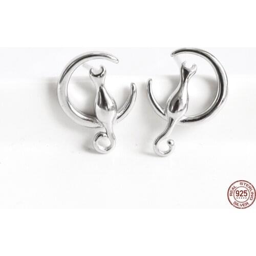 LKO 925 Sterling Silver Simple Moon Cat Stud Earrings Women Imitation Allergy Material Fashion Wedding Party Jewelry Ornaments
