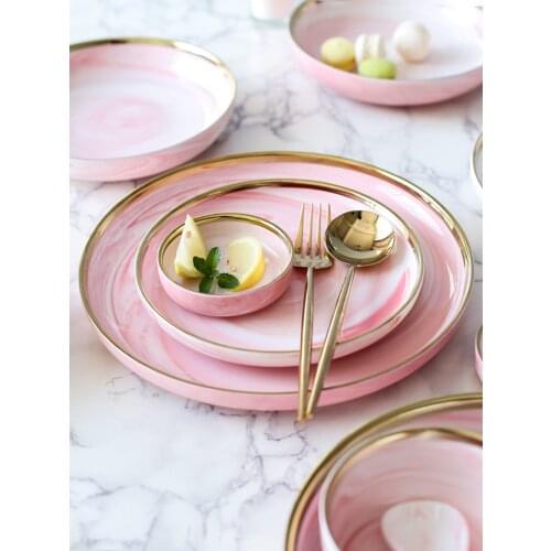 Best pink Marble Glazes Ceramic Party Tableware Set Porcelain Breakfast Plates Dishes Noodle Bowl Coffee dinner tray Decoration