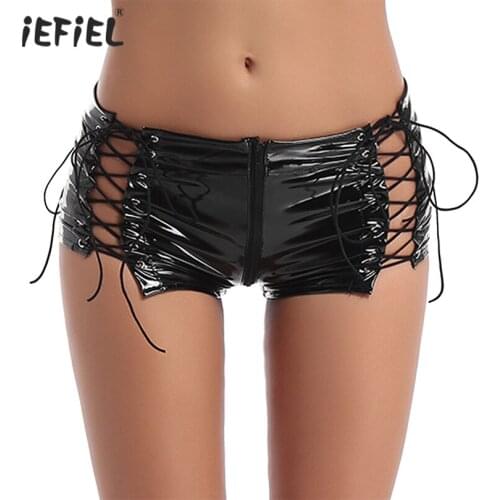 Sexy Women Wet Look Leather Panties Hot Shorts Hollow Out Lace-up Zipper Crotch Shorts Night Clubs Sissy Panties Rave Outfits