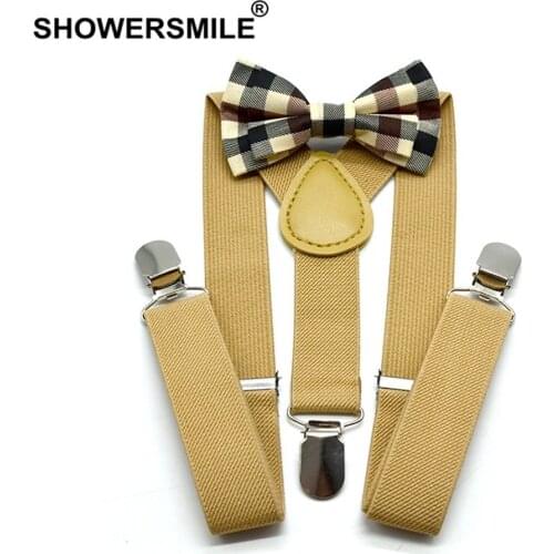 Baby Suspenders Khaki Kids Boy Suspenders Bowtie Solid British Style Wedding Vintage Children Braces 65cm*2.5cm