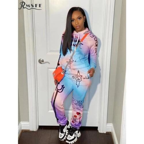 RMSFE 2021 European And American Womens Long Sleeve Hooded Fashion Leisure Printing Sports Two-Piece Set