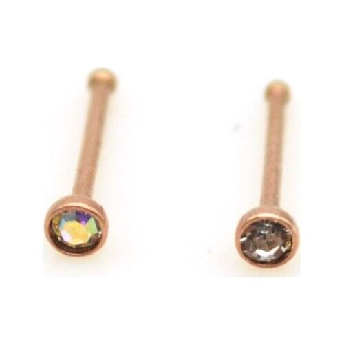 Rose Gold Nose Stud Clear AB Crystal 2mm Gem 22G Straight Bone 316L Stainless Steel Rhinestone Hooks Bar Pin
