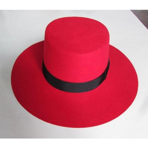 Red Hat 100%Wool Felt Flat Cap 3 Color British Retro Fashion Noble Fedoras Hat for Women Elegant Wool Hats Wide Brim Fedora