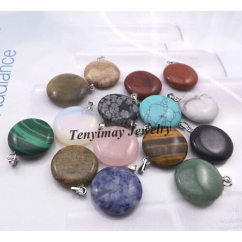 Mixed Semi-precious Stone Button Shape Pendant For Necklace, Real Natural Stone Pendant 24pcs/lot Wholesale