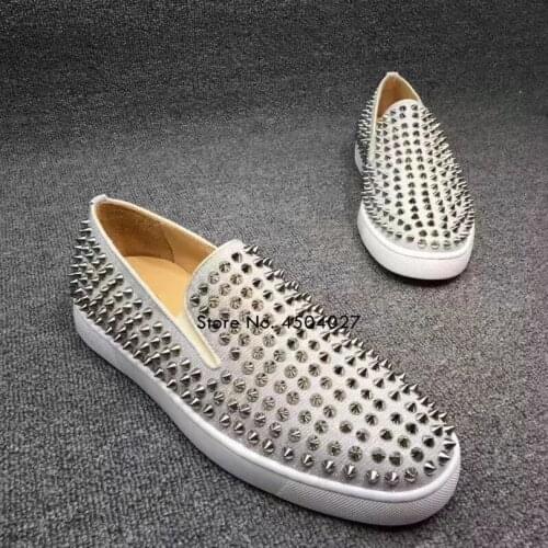 Fashion Silver Black Rivet Studded Men Leisure Shoes Round Toe Shoes Loafers Low Top Casual Flat Shoes