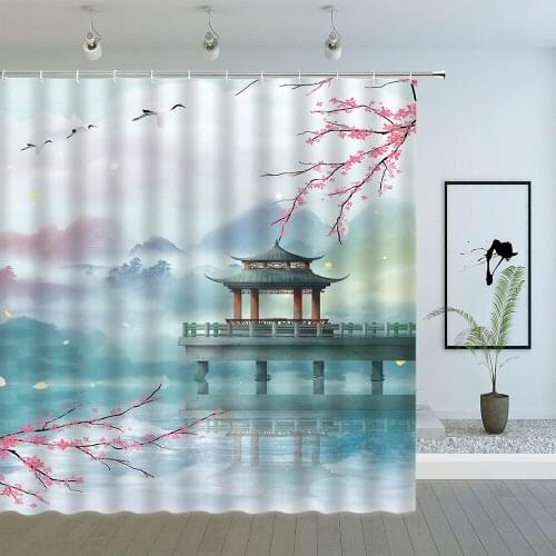 Spring Landscape Shower Curtains Pink Flower Lake Pavilion Natural Scenery Chinese Style Bathroom Decor Waterproof Cloth Curtain