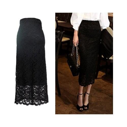 Long Lace Skirt Women 2020 Summer Korean Style Vintage Elegant High Waist Slim Pencil Skirt Black White Office Ladies Skirt B2
