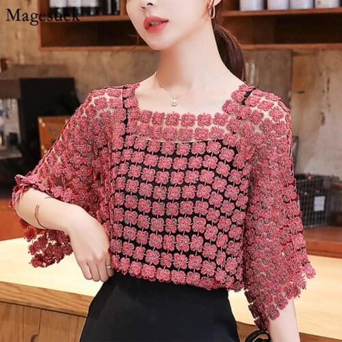 Women Loose Sexy Blouses Summer Hollow Out Women Two-Piece Chiffon Shirt With Sling Solid Lace Mesh Top Blouse Woman Blusas 8976