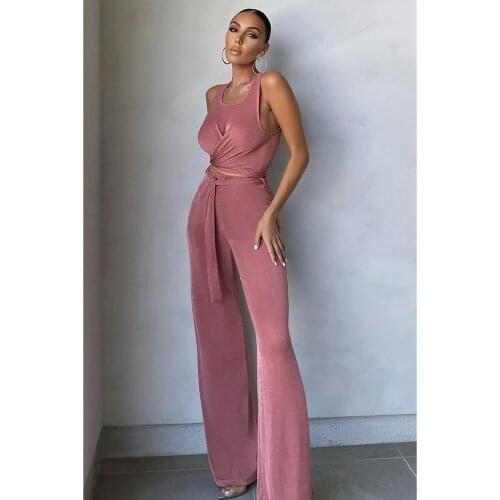 2021 Summer Pink Blue Sexy Sleeveless Casual Skinny Crop Top & Bandage Long Pants Women Two Pieces Pants Set Streetwear AH0039