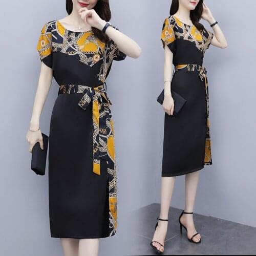 Womens Designer Business office Dress ladies woman work wear Floral Patchwork Belt slim Casual Loose Party 2021 Summer dresses