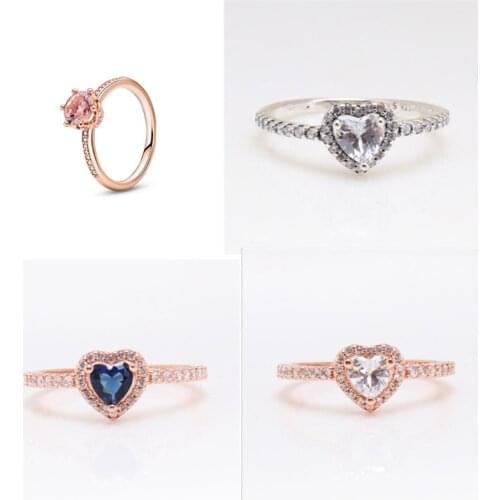 925 Sterling Silver pan Ring Elevated Heart Ring With Crystal For Women Wedding Party Gift Fashion Jewelry