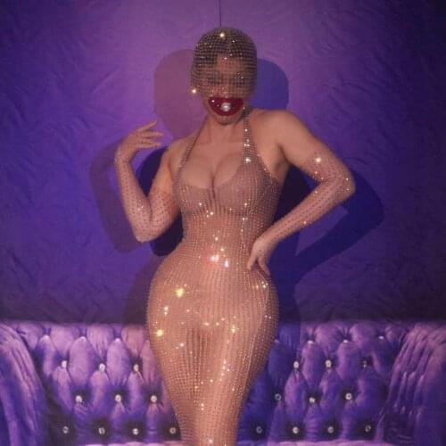 Nude Mesh Silver Stones Sexy Trasparent Dress Women Evening Birthday Celebrate Costume Singer See Through Dance Long Dress