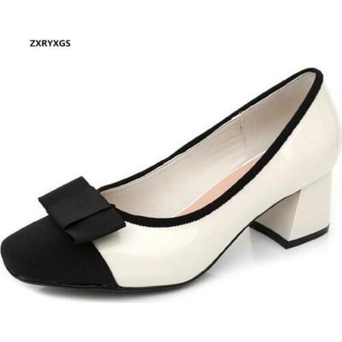 ZXRYXGS Elegant Bow Top Cowhide Patent Leather Shoes Women Fashion Shoes High Heels Large Size 2020 New Spring Woman Shoes