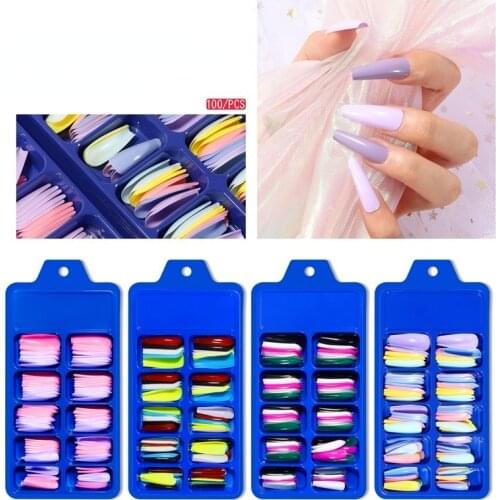 100Pcs Colorful Acrylic False Long Coffin Nails Fake Nails Flat Shape Art Tips Natural Full Cover Fake Nail Tips Manicure Tools
