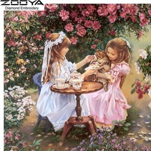5D DIY Diamond Painting Baby Girl Sisters Cat Floral Embroidery Diamond Painting Cross Stitch Rhinestone Mosaic Painting BJ1403
