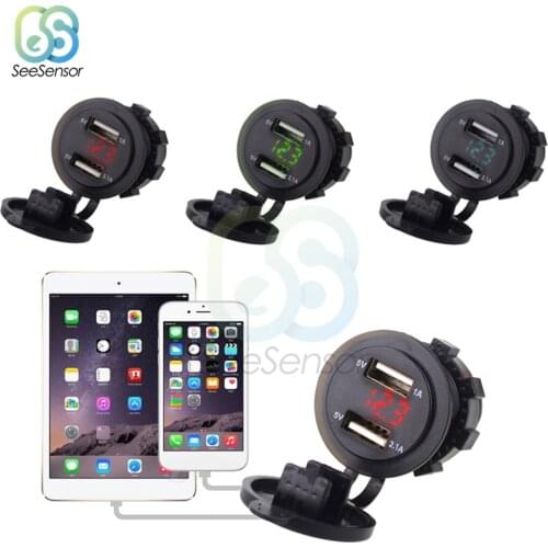 Dual USB Socket Car Charger Adapter with LED Digital Voltmeter For Phone Pad Tablet Boat Motorcycle 5V 1A/2.1A