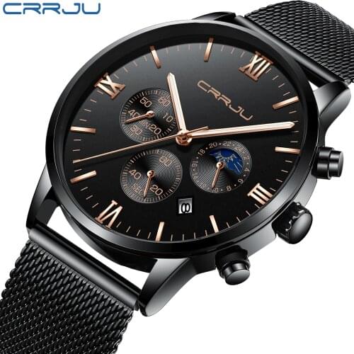 CRRJU Brand luxury Men Business Waterproof Mesh Stainless Steel Date Wrist Watch Lovers Gifts Dropshipping Relogio Masculino