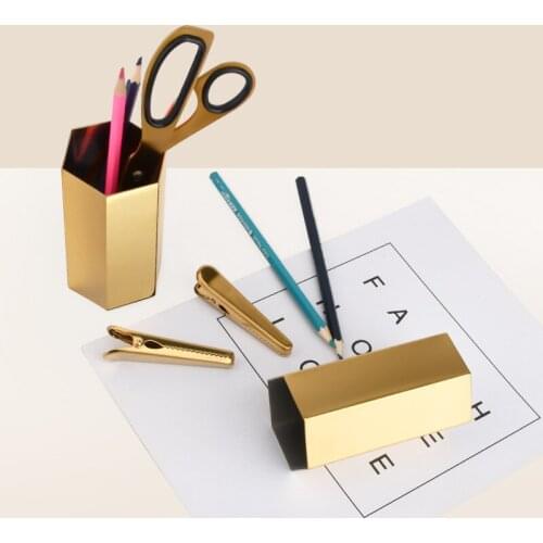 Pen Pencil Holder Gold Hexagonal Multifunction Desk Organizer Container Stainless Steel Desktop Storage for Home Office
